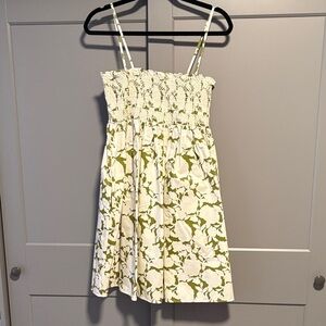 Tory Burch White and Olive Floral Smocked Sundress